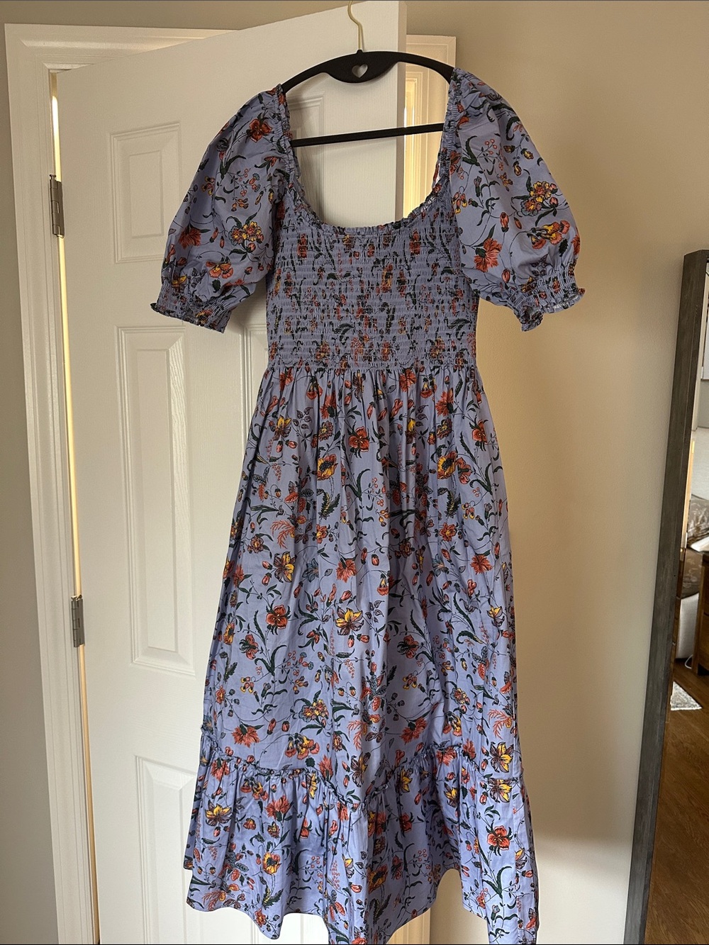 Hill House Lavender Floral Smocked Puff-Sleeve Midi Dress